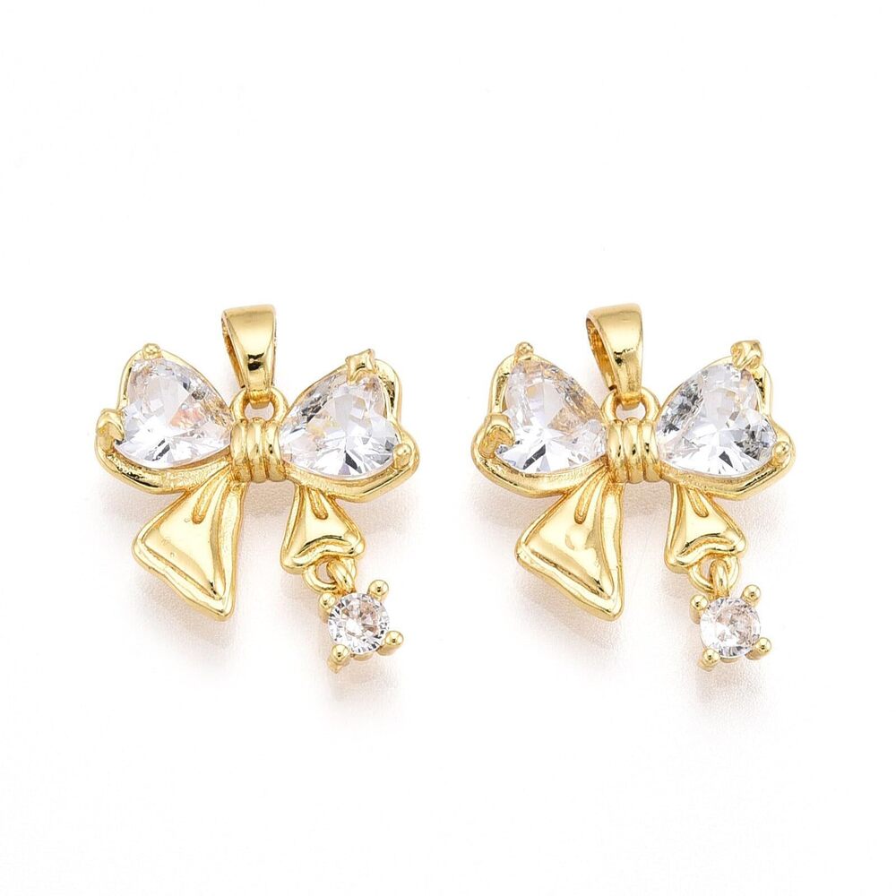 4120 10 pcs Golden Color Bowknot Theme Brass Cubic Zirconia Dangle Charms